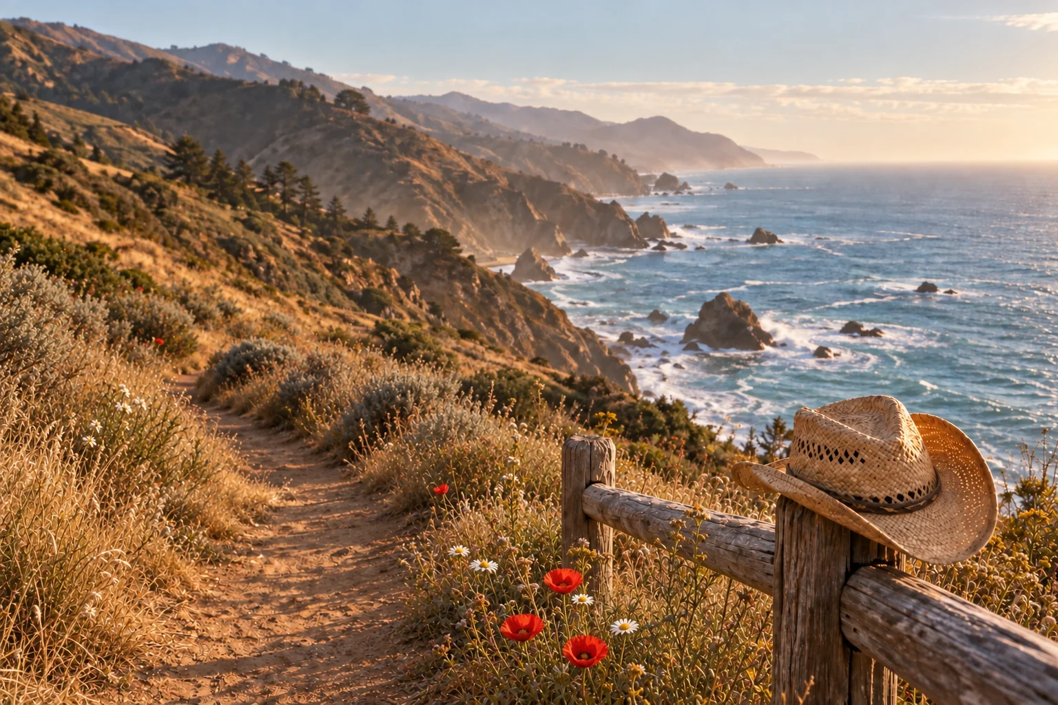 Red poppies, white daisies, and a straw cowgirl hat overlooking a sunlit California-inspired coastline